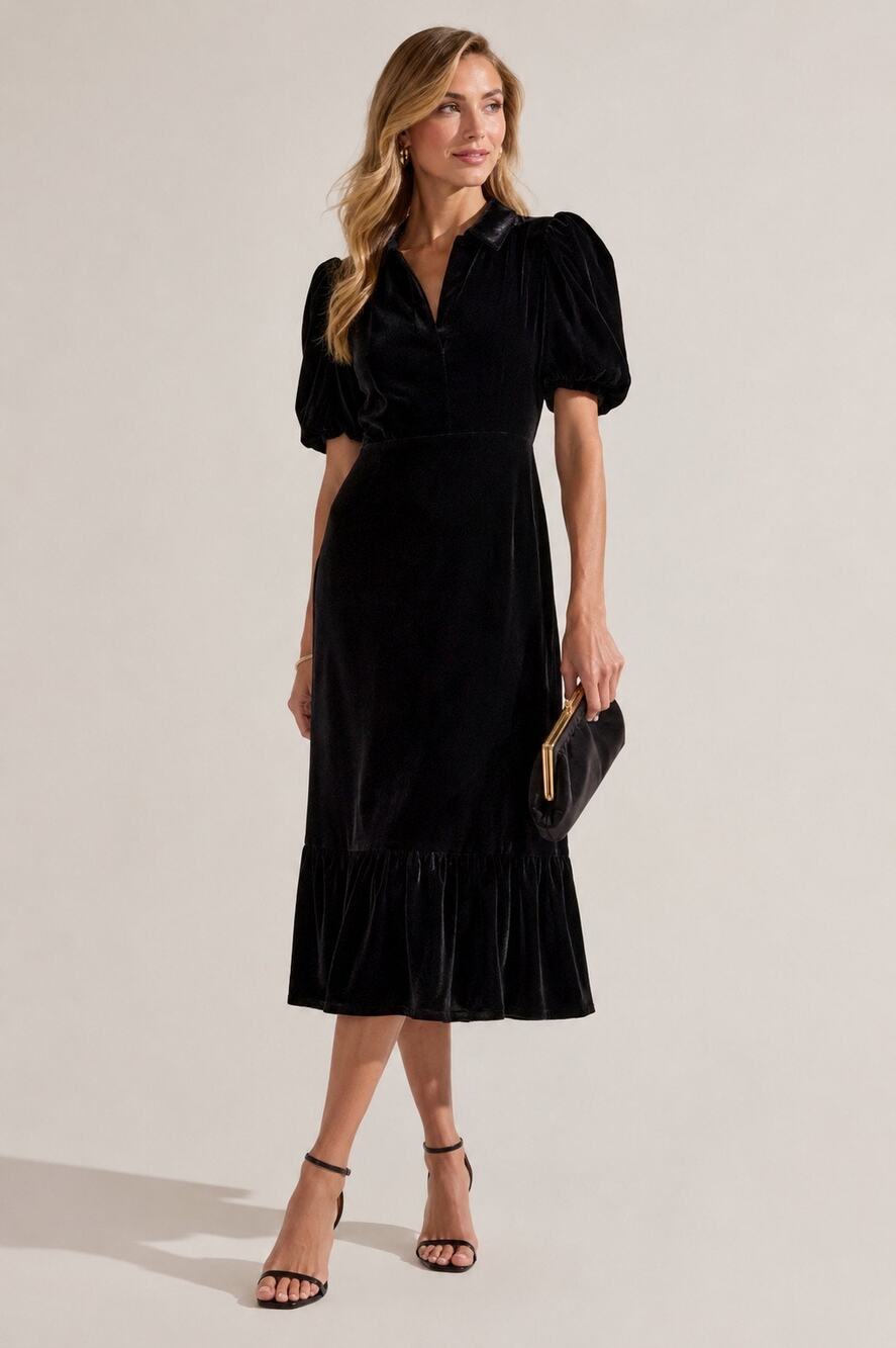 NWT Tuckernuck Black Velvet Puff Sleeve Midi Dress Collared V-Neck Ruffle Hem M